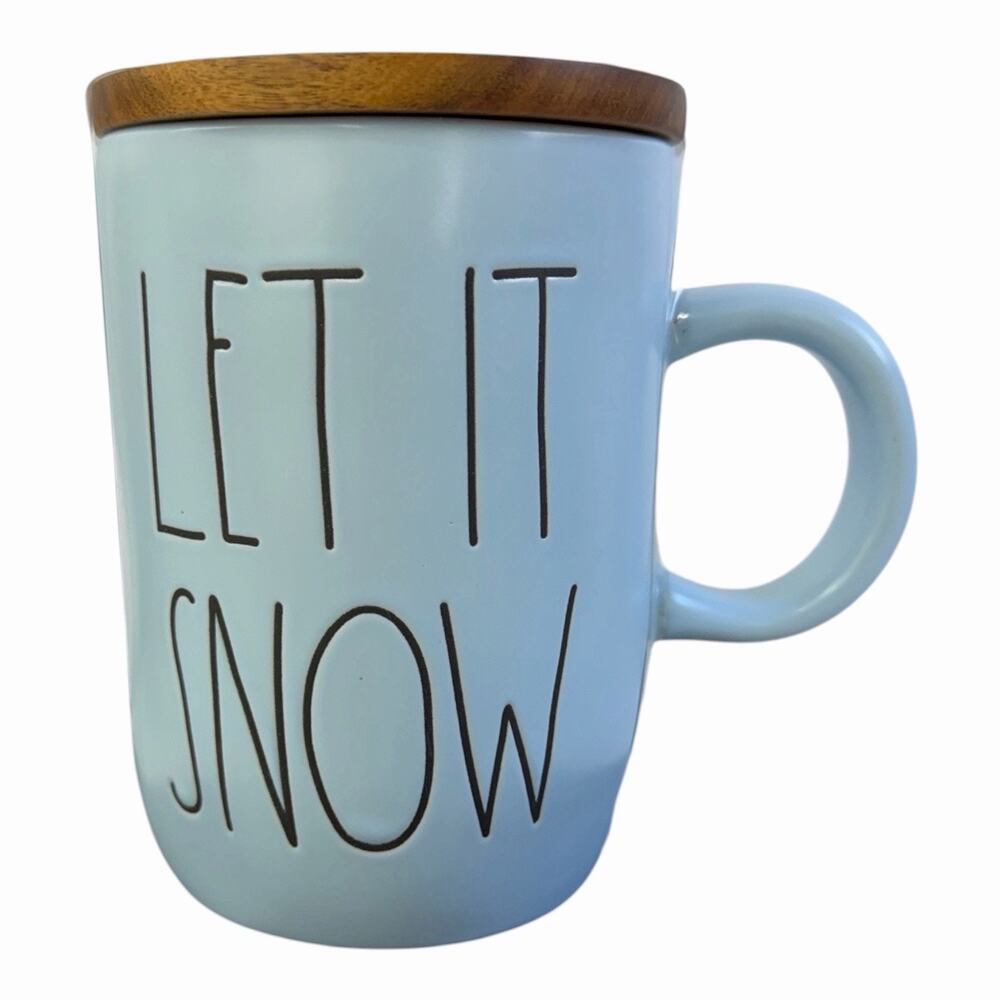New RAE DUNN “Let It Snow” Christmas Blue Mug With Snowflake Wood Lid/Coaster